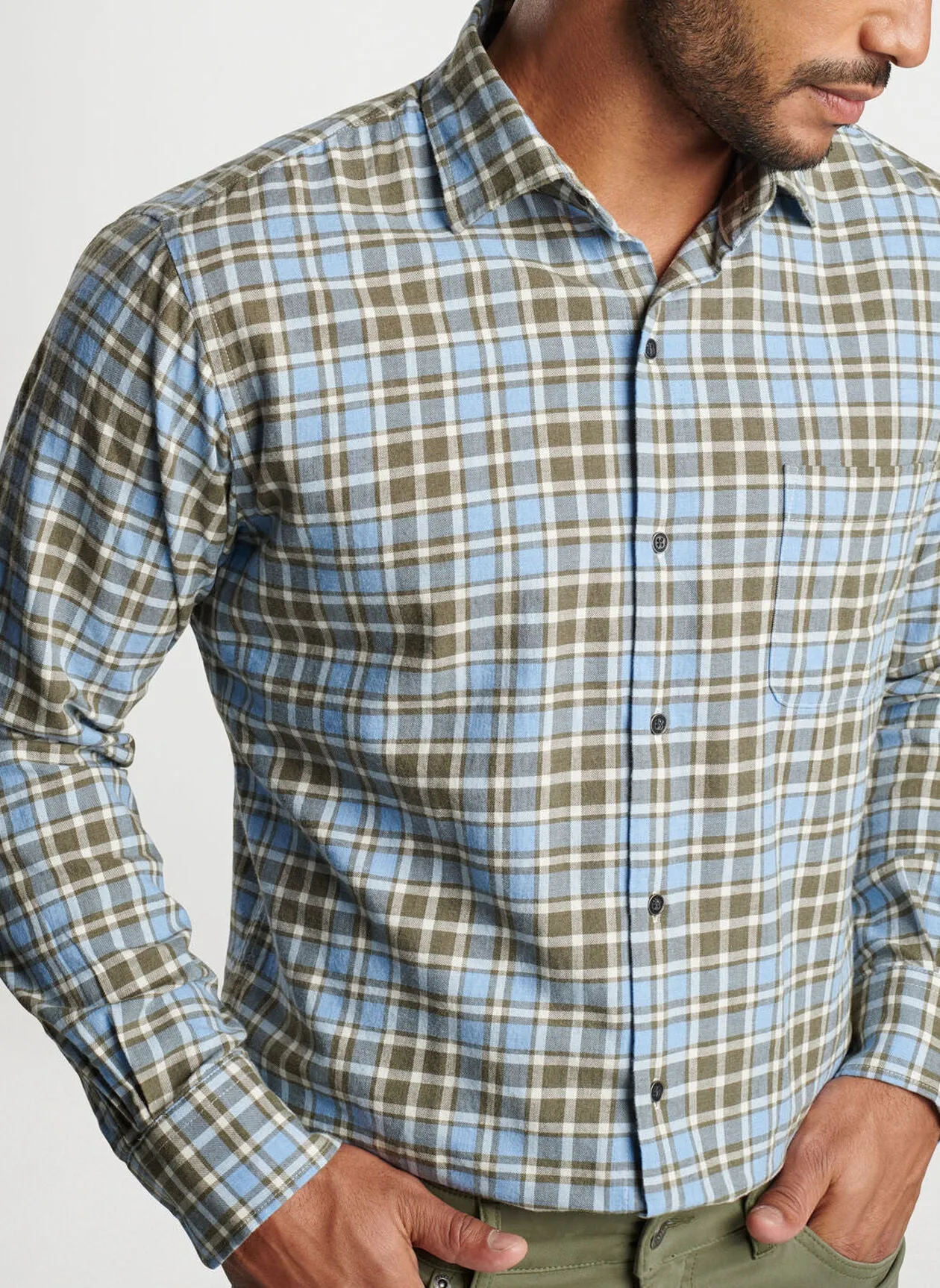 Peter Millar Mens Classic Fit Whistler Cotton Sport Shirt - COTTAGE BLUE