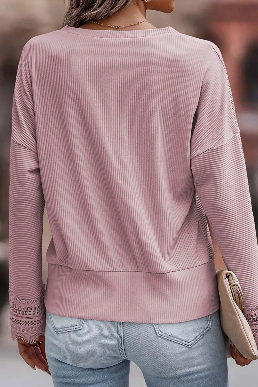 Pink Apricot Ribbed Texture Lace Trim V Neck Long Sleeve Top