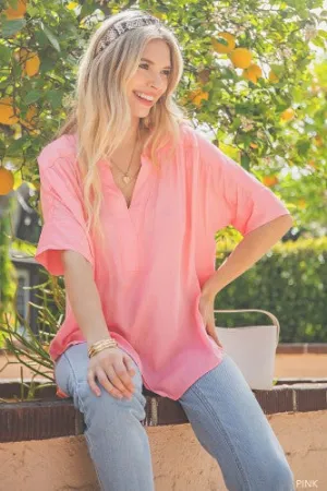 Pink Woven V Neck Drop Shoulder Top