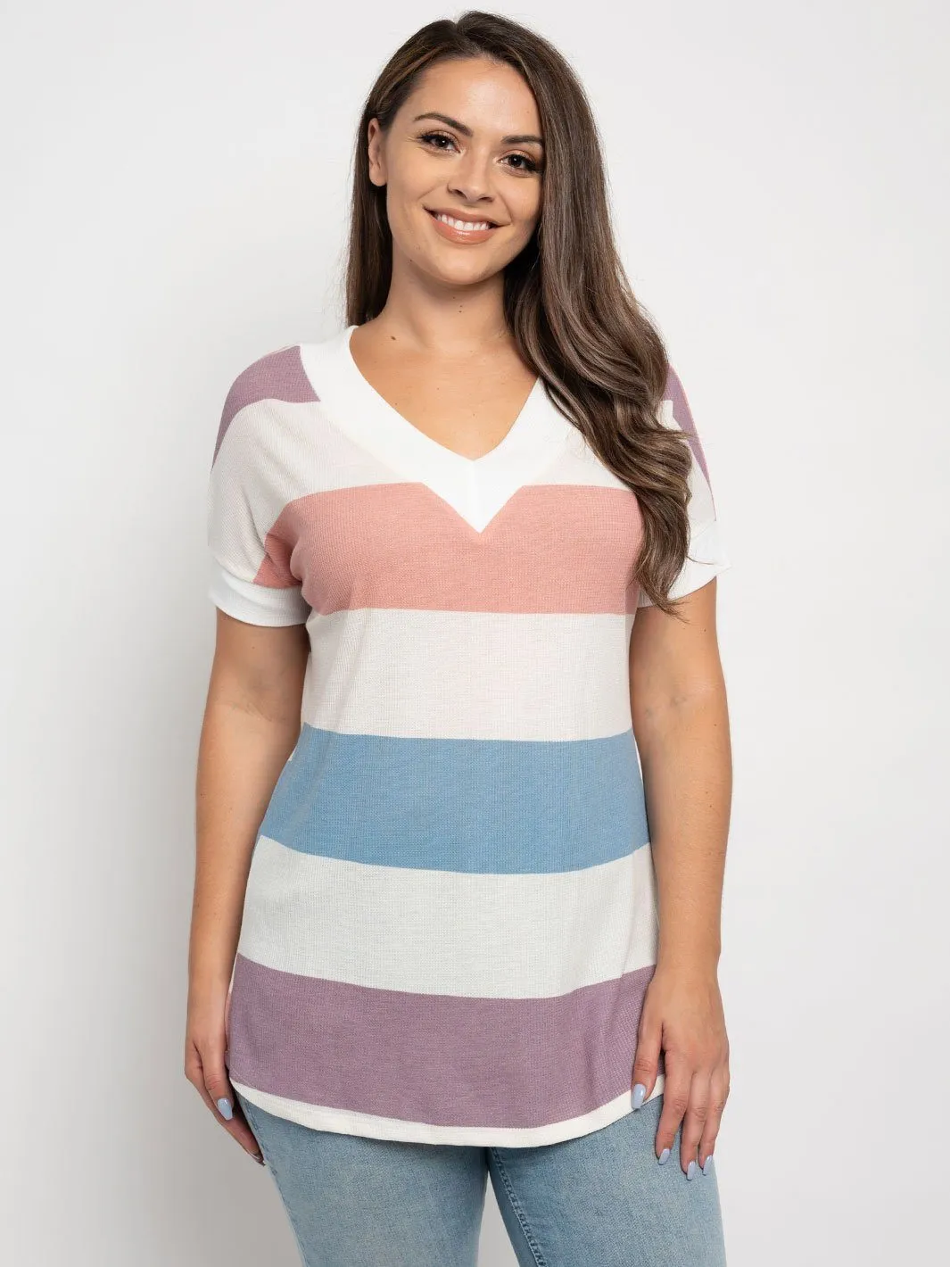 PLUS SIZE THERMO STRIPE MULTICOLOR V-NECK BAND TOP