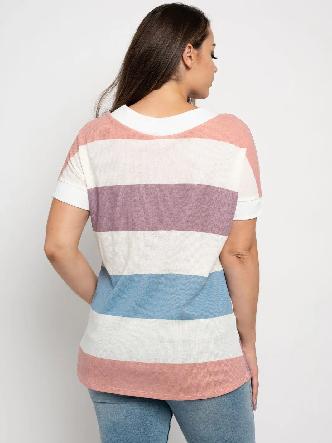 PLUS SIZE THERMO STRIPE MULTICOLOR V-NECK BAND TOP