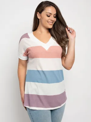 PLUS SIZE THERMO STRIPE MULTICOLOR V-NECK BAND TOP
