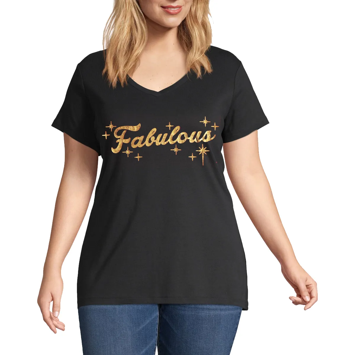 Plus V neck Short Sleeves foil Graphic T-Shirt-Fabulous
