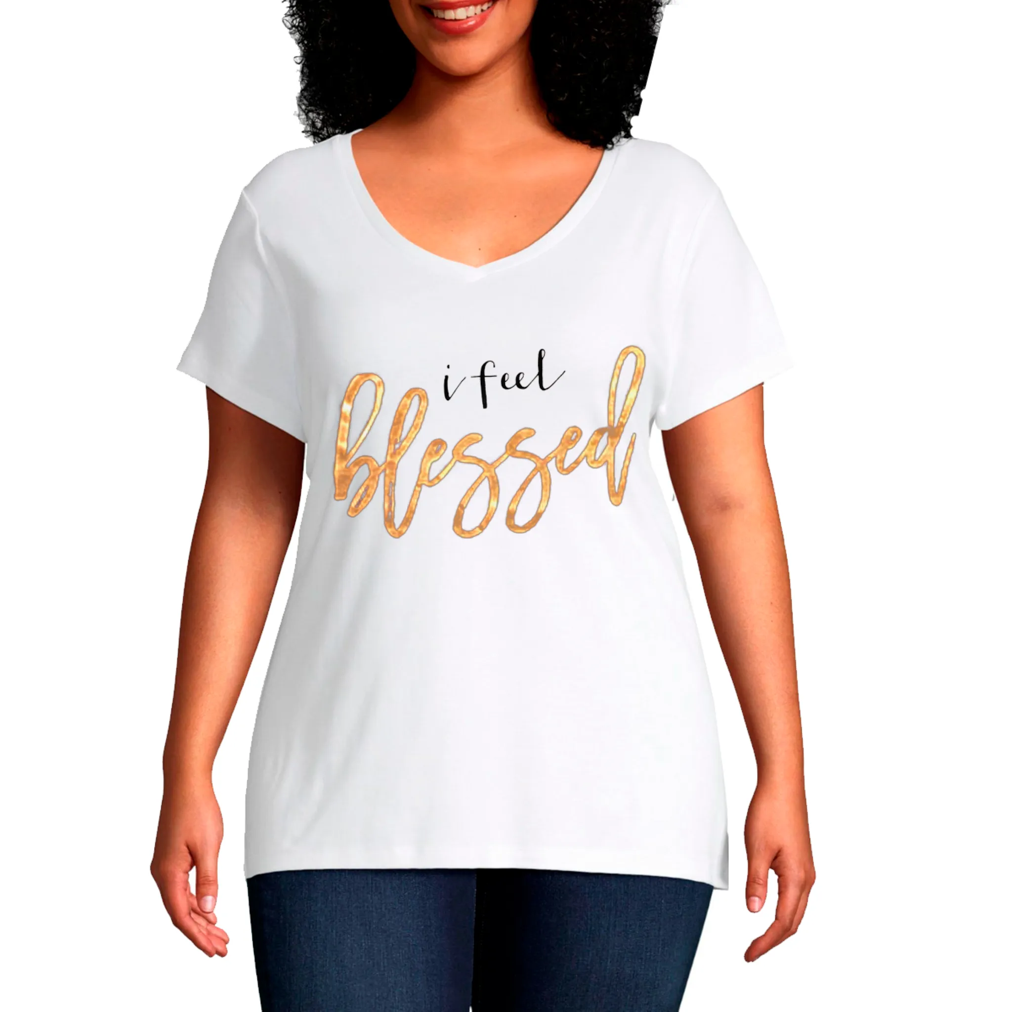 Plus V neck Short Sleeves foil Graphic T-Shirt-I feel blessed