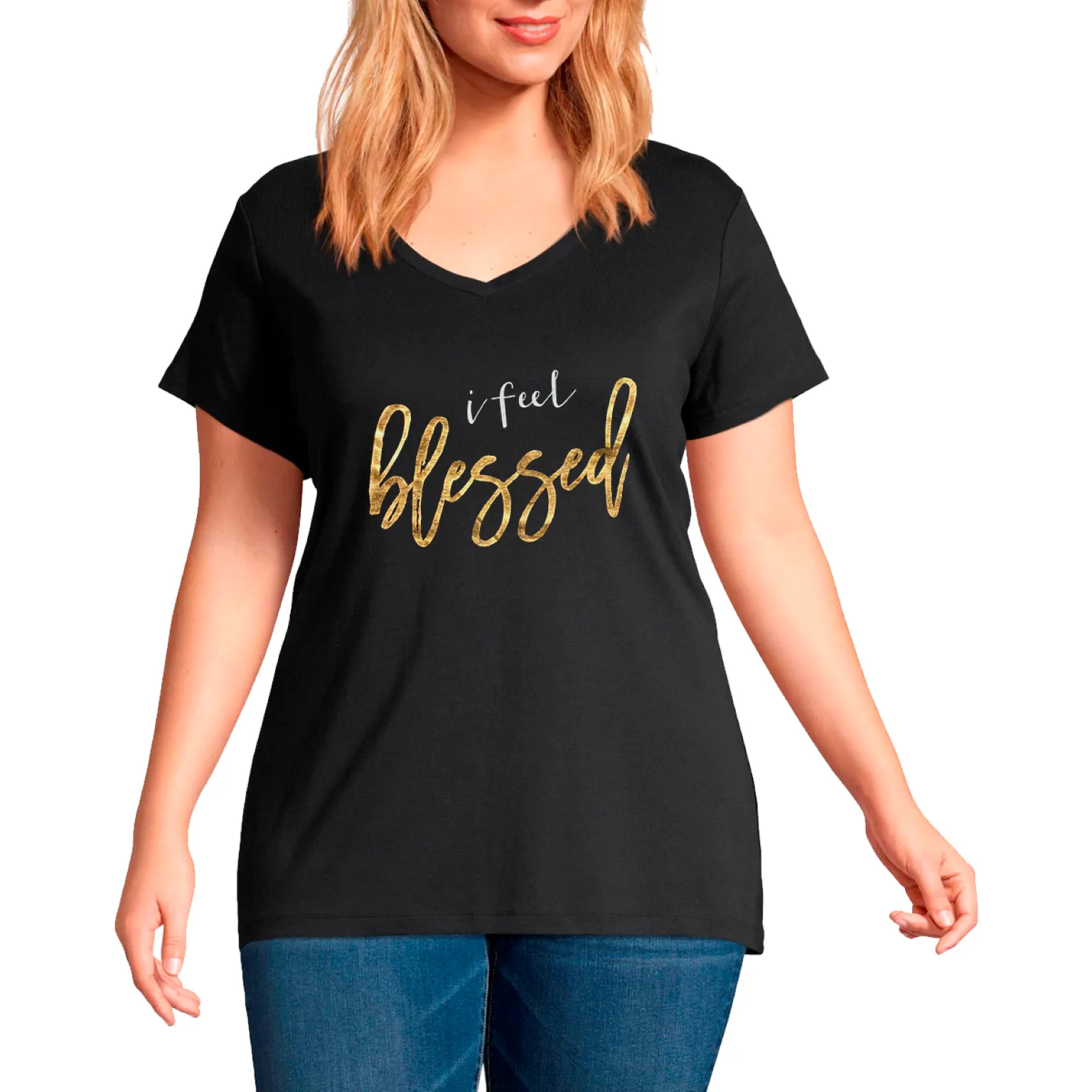 Plus V neck Short Sleeves foil Graphic T-Shirt-I feel blessed