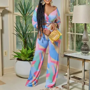 Print Deep V-Neck Long Sleeve Crop Top & Pants Set