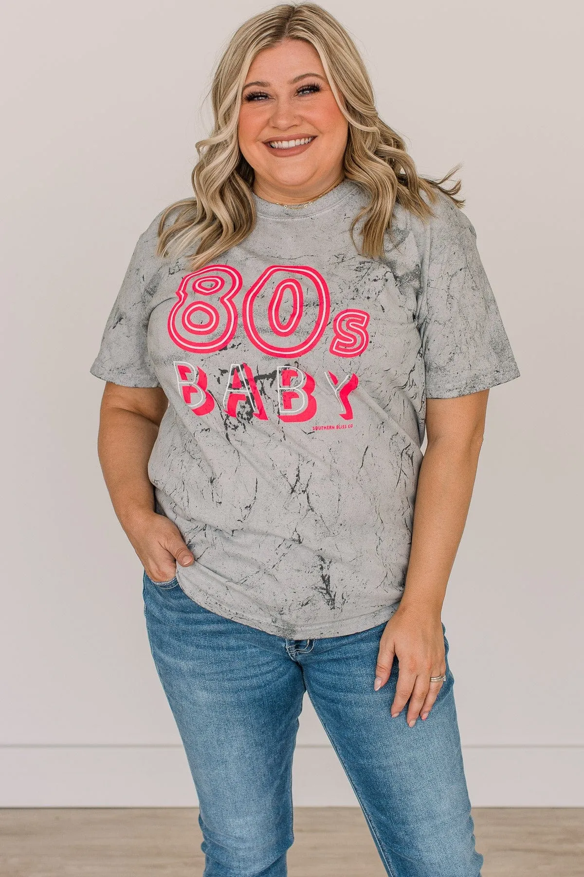 "80's Baby" Mineral Wash Graphic Tee- Grey