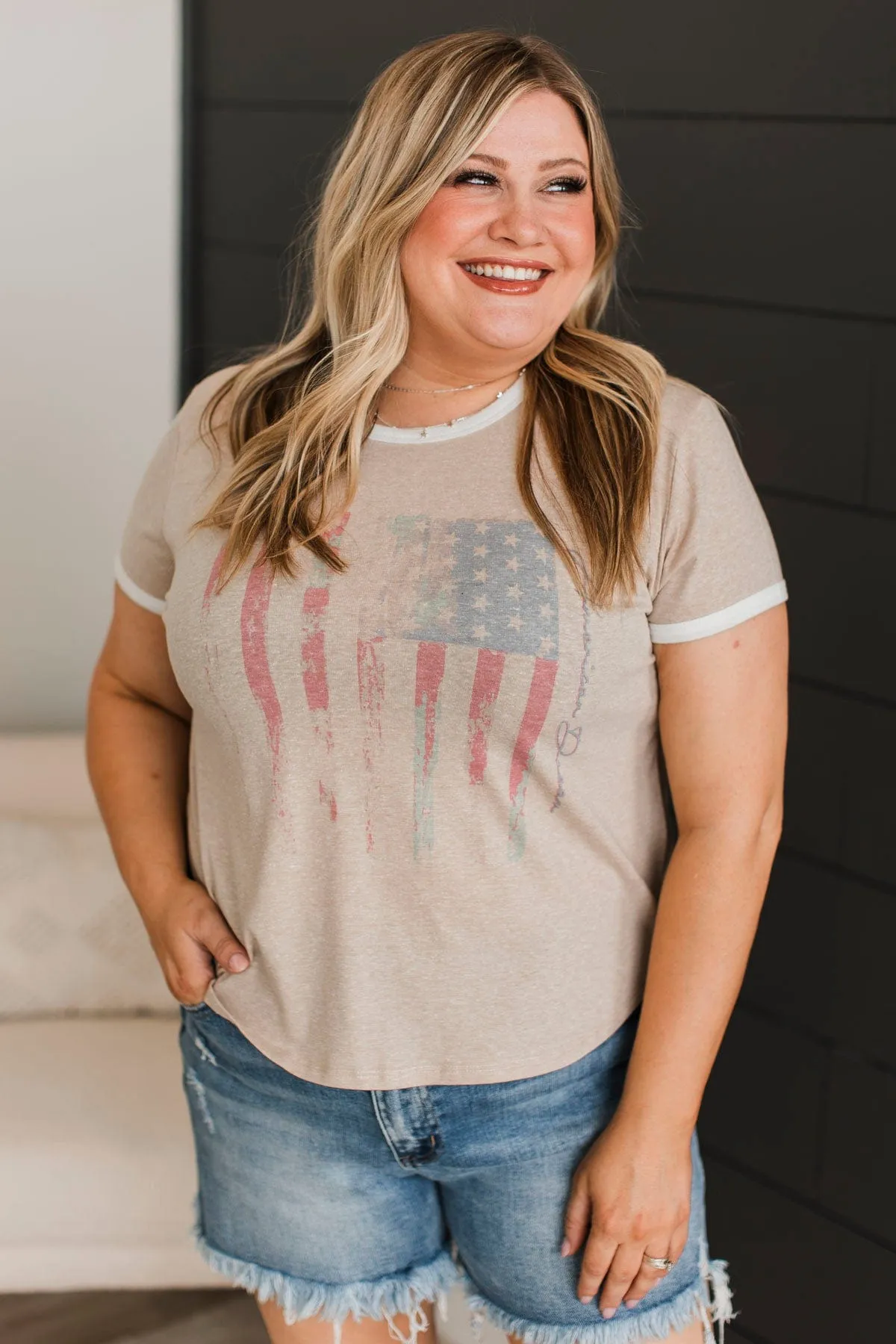 "American Dream" Graphic Top- Taupe