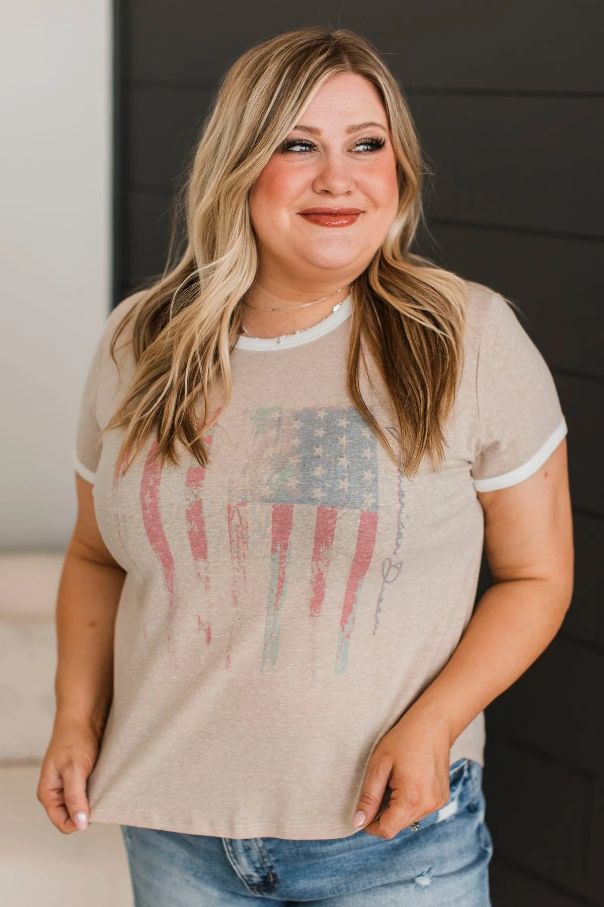 "American Dream" Graphic Top- Taupe
