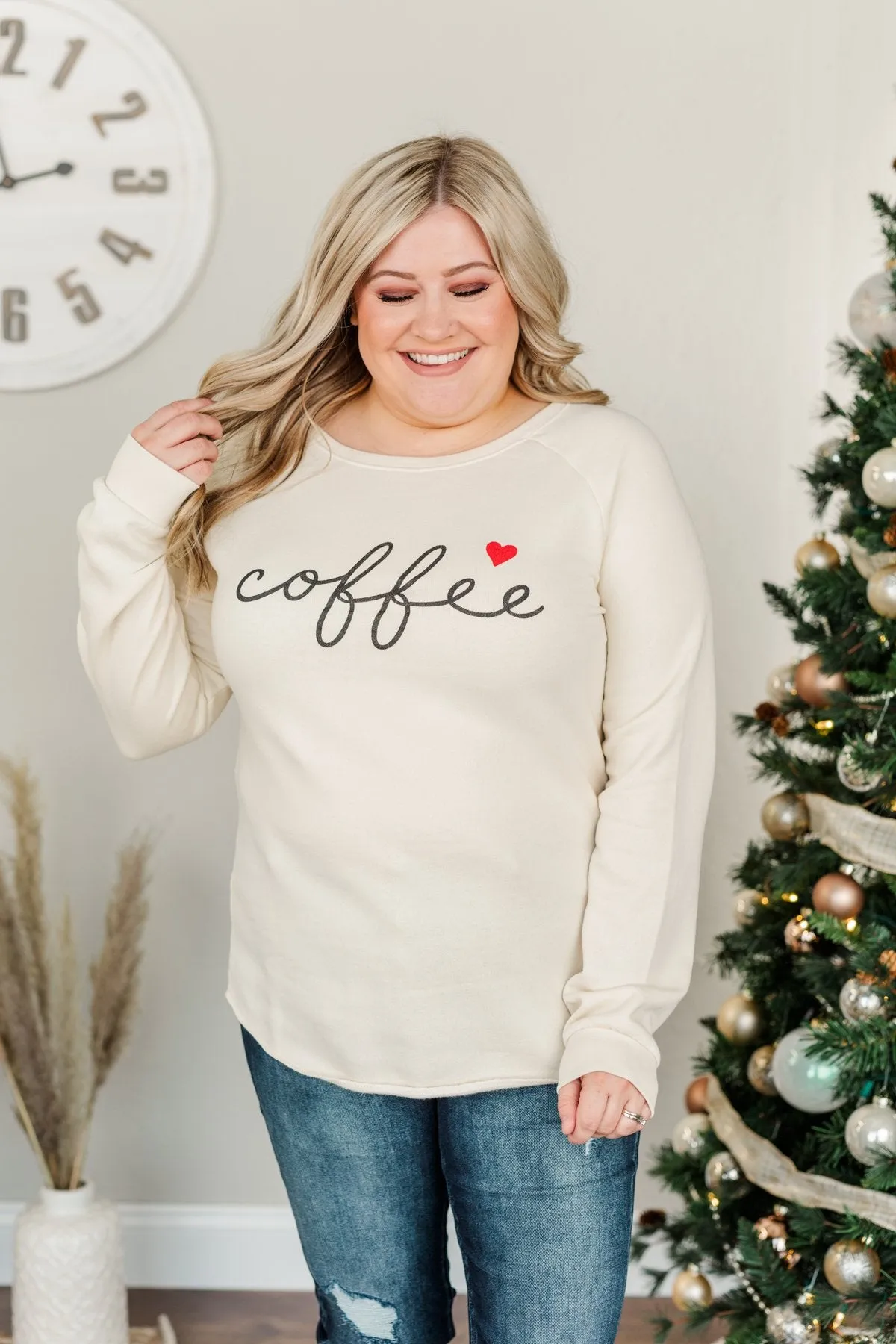 "Coffee" Graphic Pullover Top- Beige