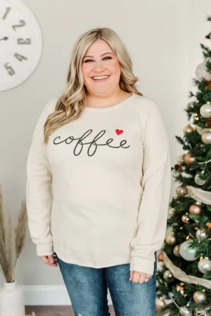 "Coffee" Graphic Pullover Top- Beige