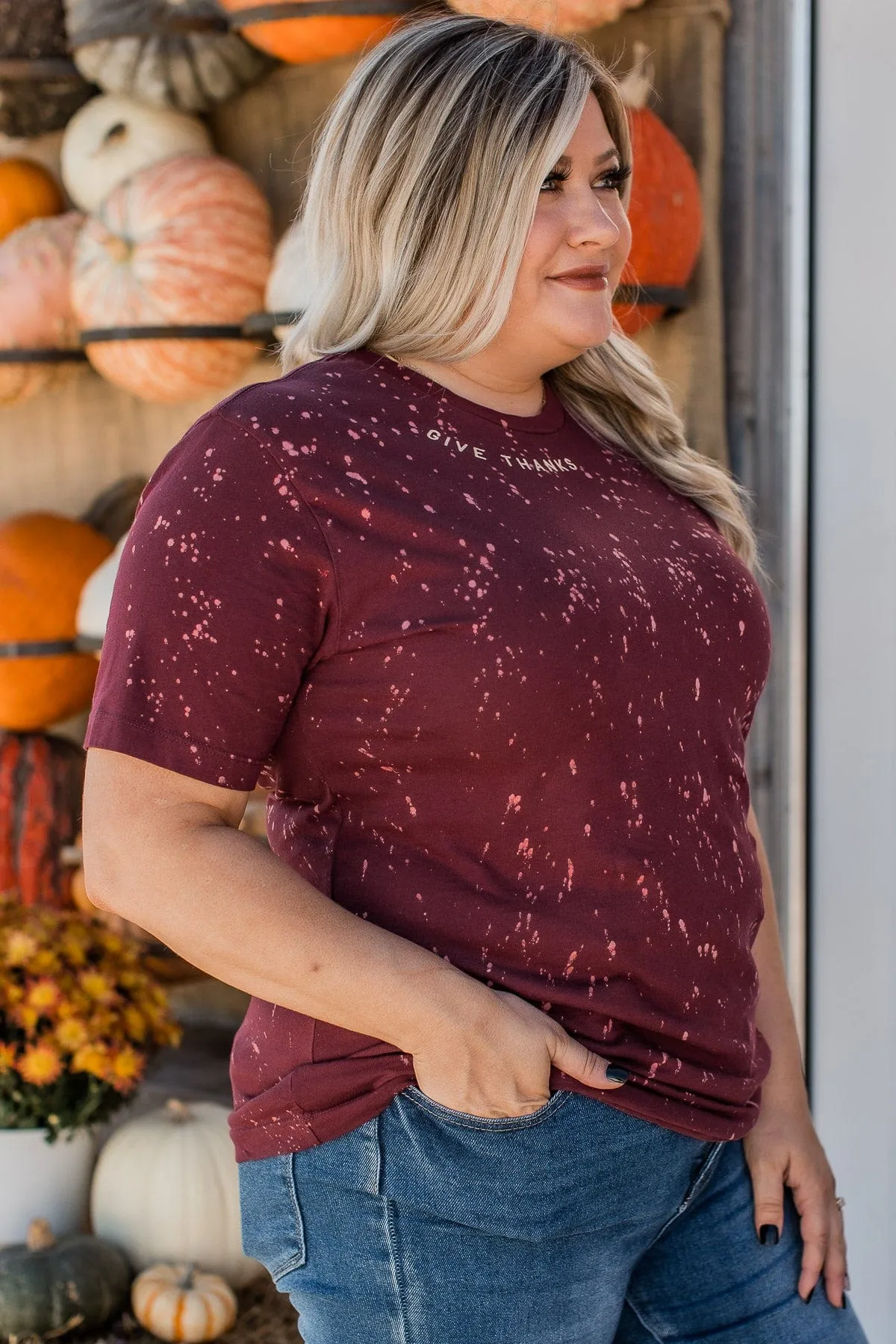 "Give Thanks" Bleached Graphic Tee- Burgundy