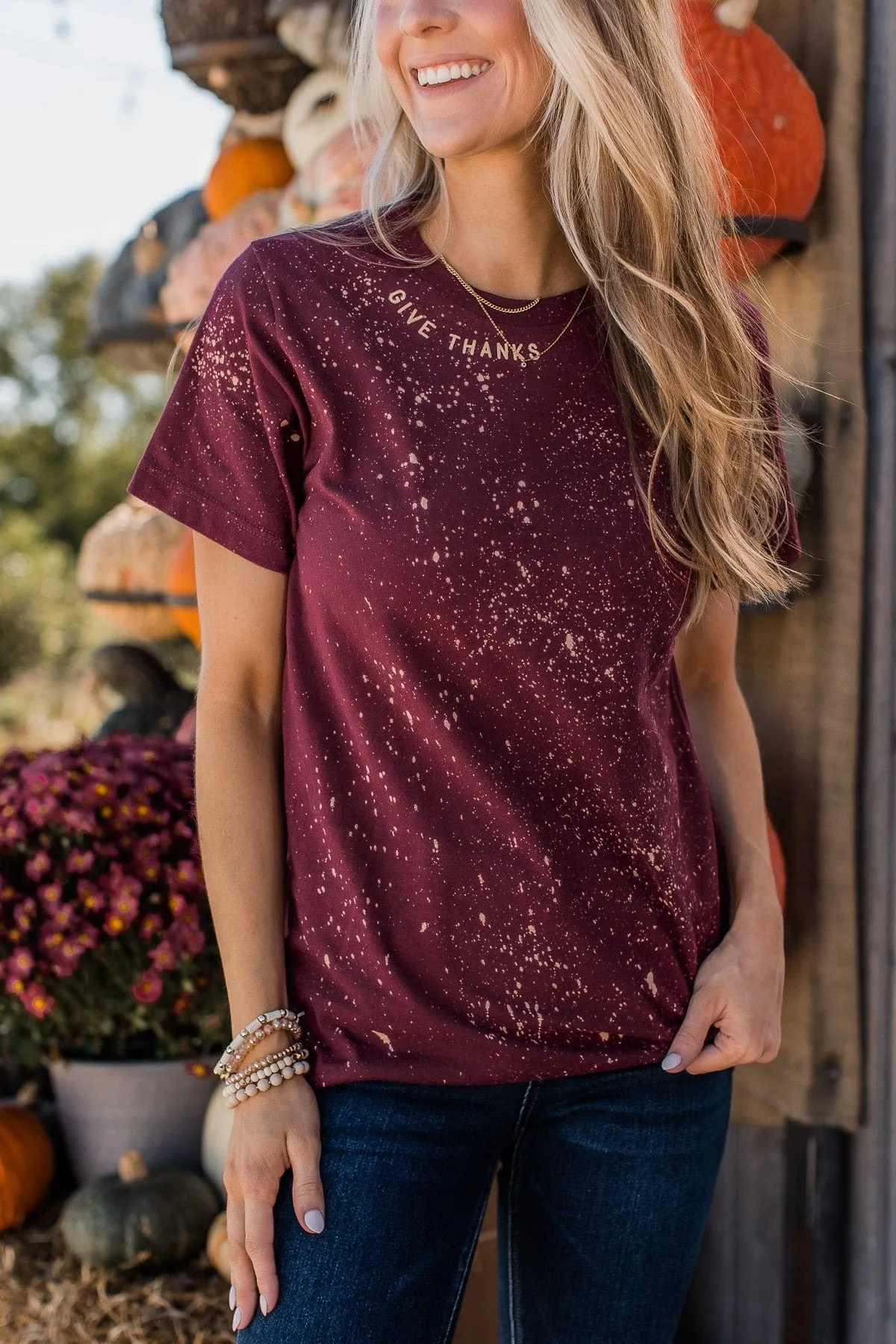 "Give Thanks" Bleached Graphic Tee- Burgundy