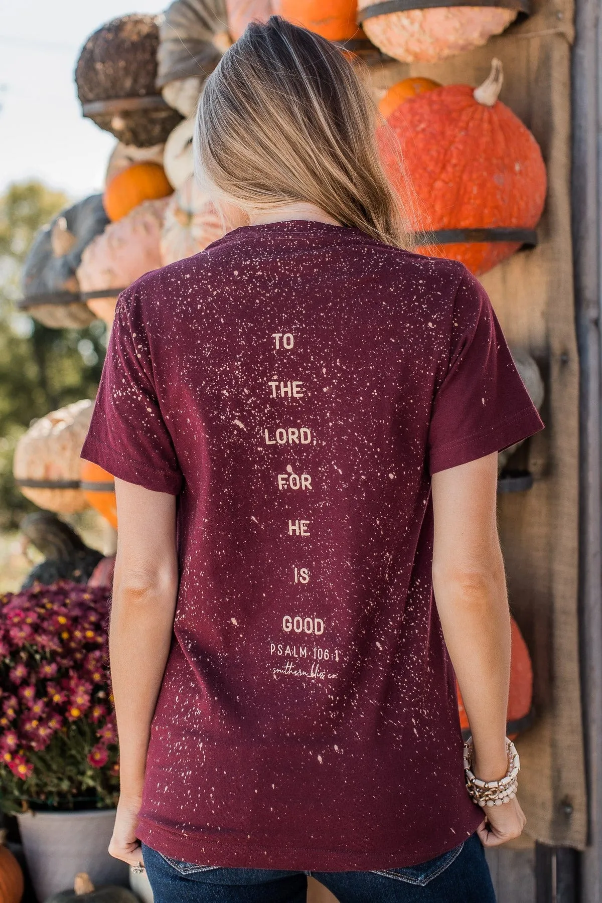 "Give Thanks" Bleached Graphic Tee- Burgundy