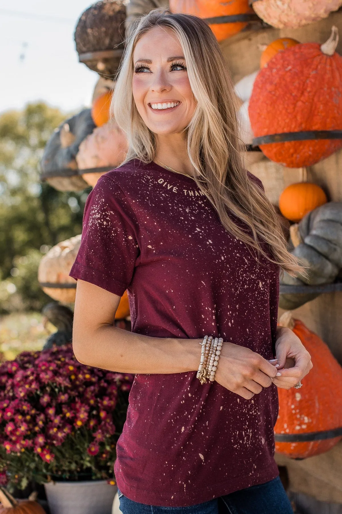 "Give Thanks" Bleached Graphic Tee- Burgundy