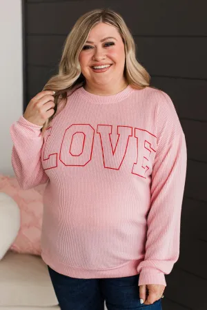 "Love" Graphic Ribbed Knit Top- Light Pink