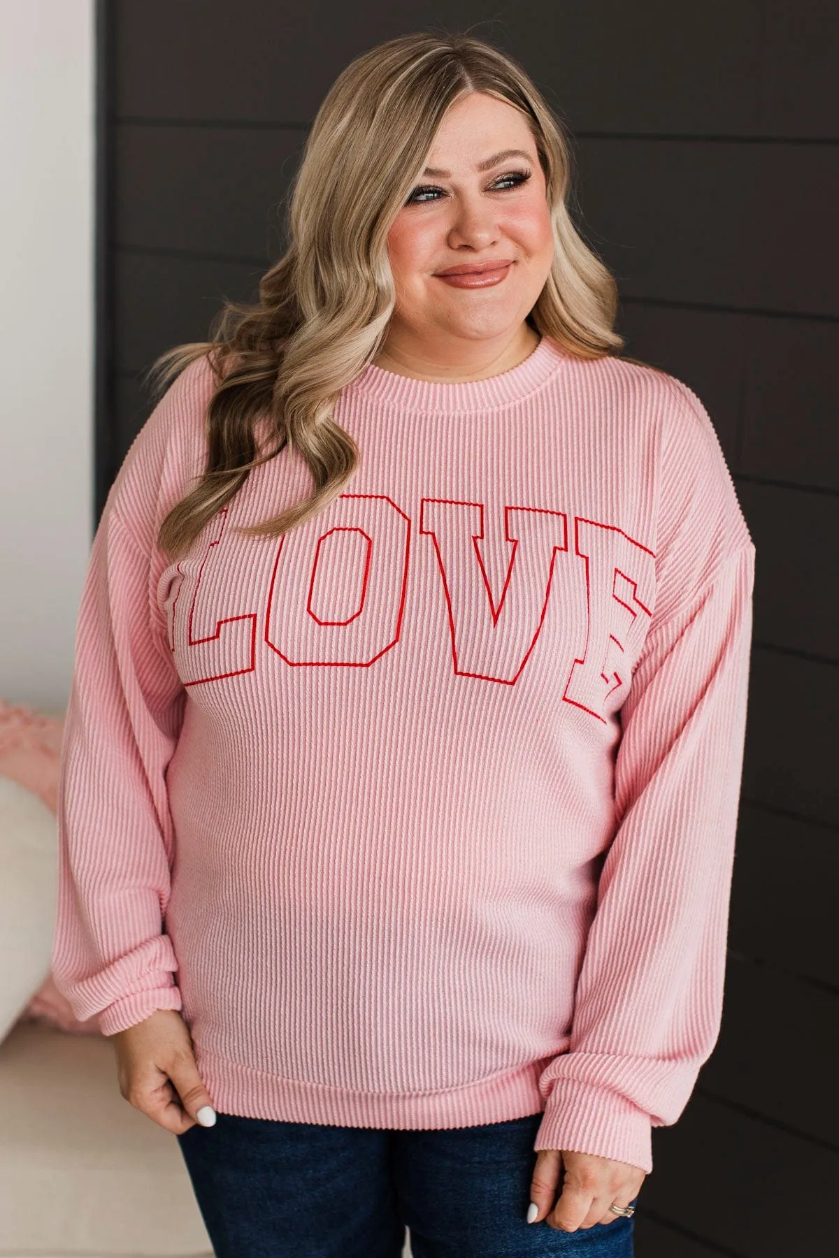 "Love" Graphic Ribbed Knit Top- Light Pink