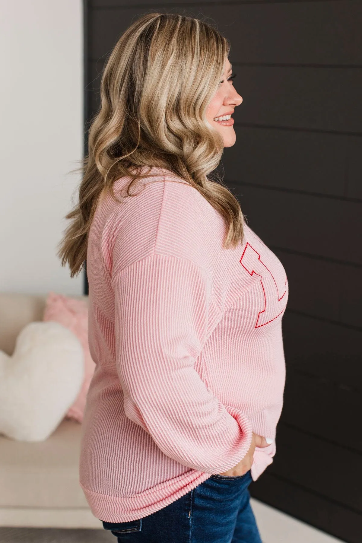 "Love" Graphic Ribbed Knit Top- Light Pink