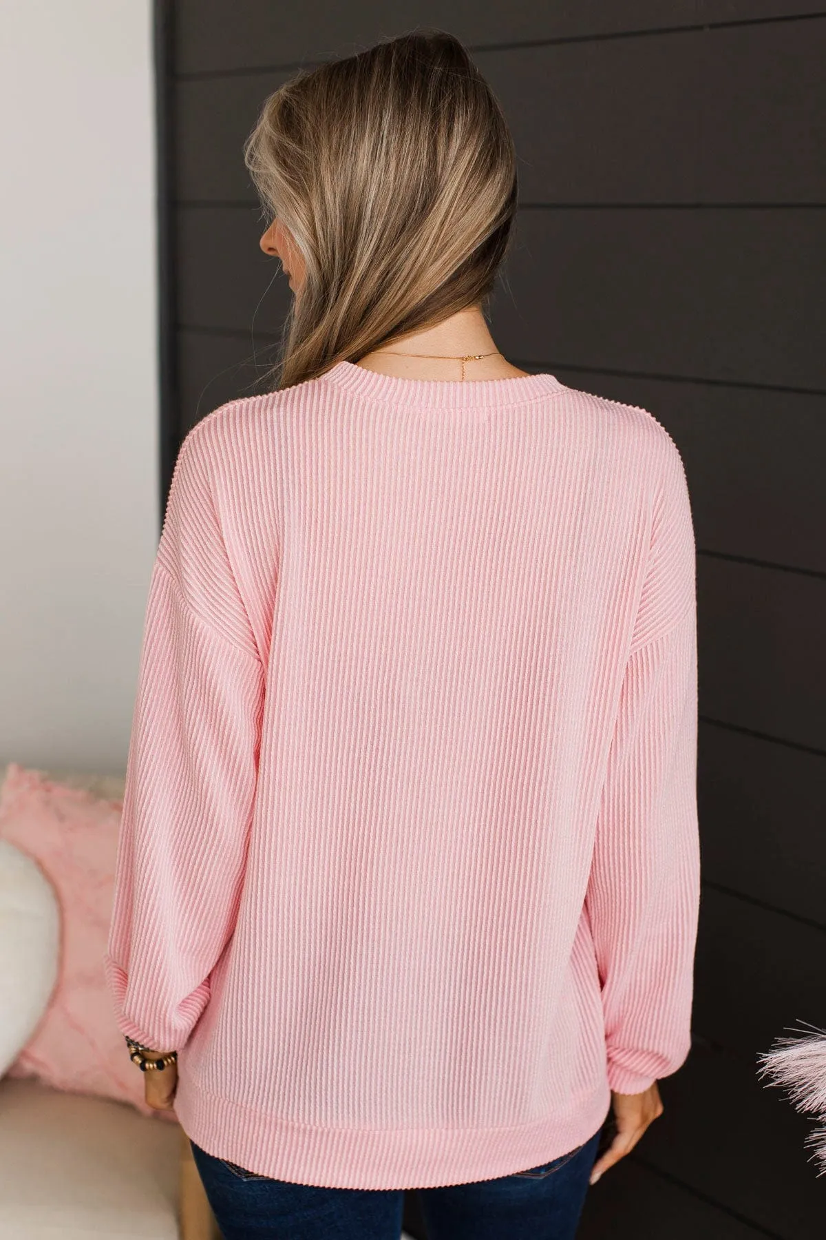 "Love" Graphic Ribbed Knit Top- Light Pink