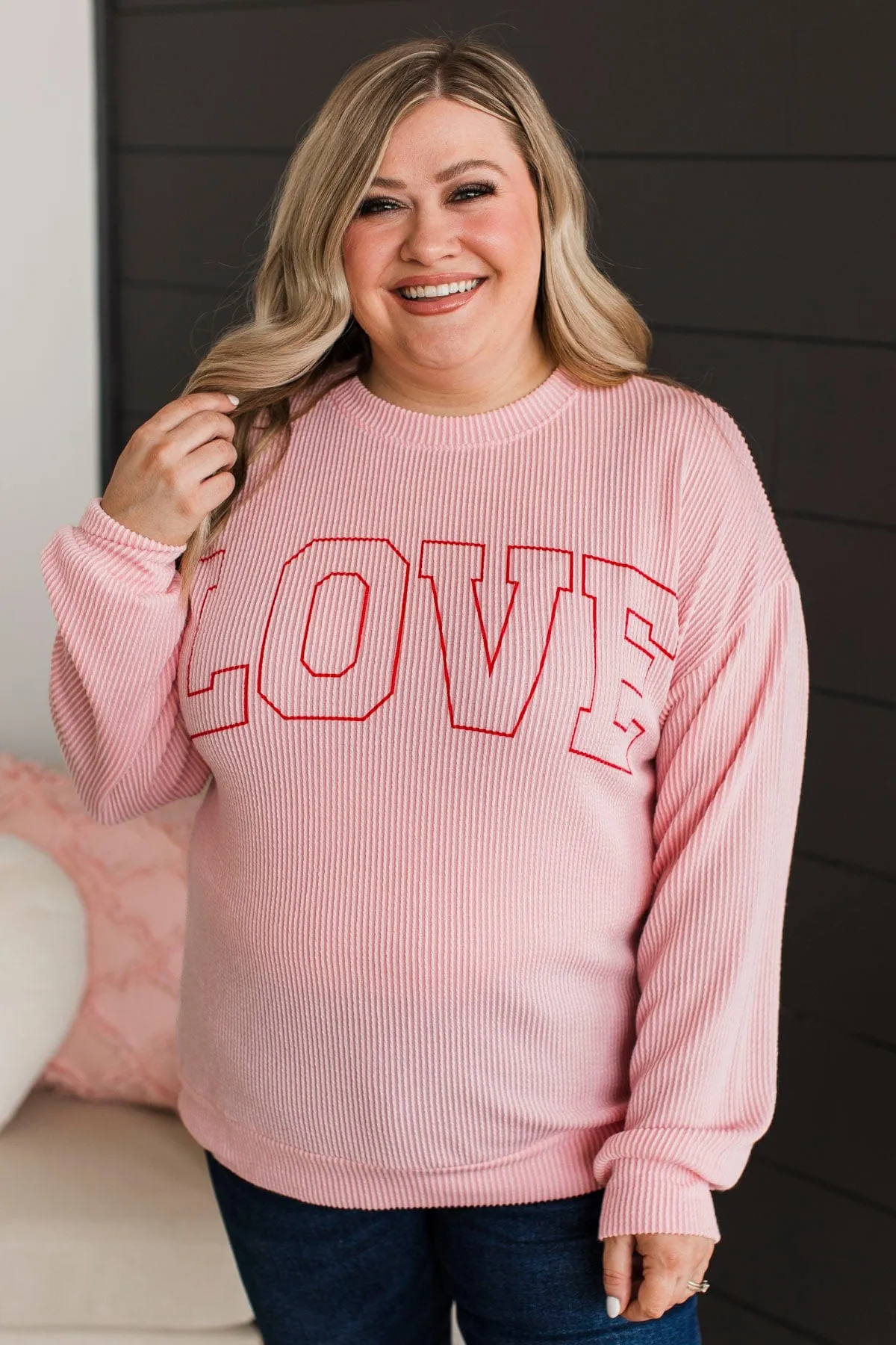 "Love" Graphic Ribbed Knit Top- Light Pink