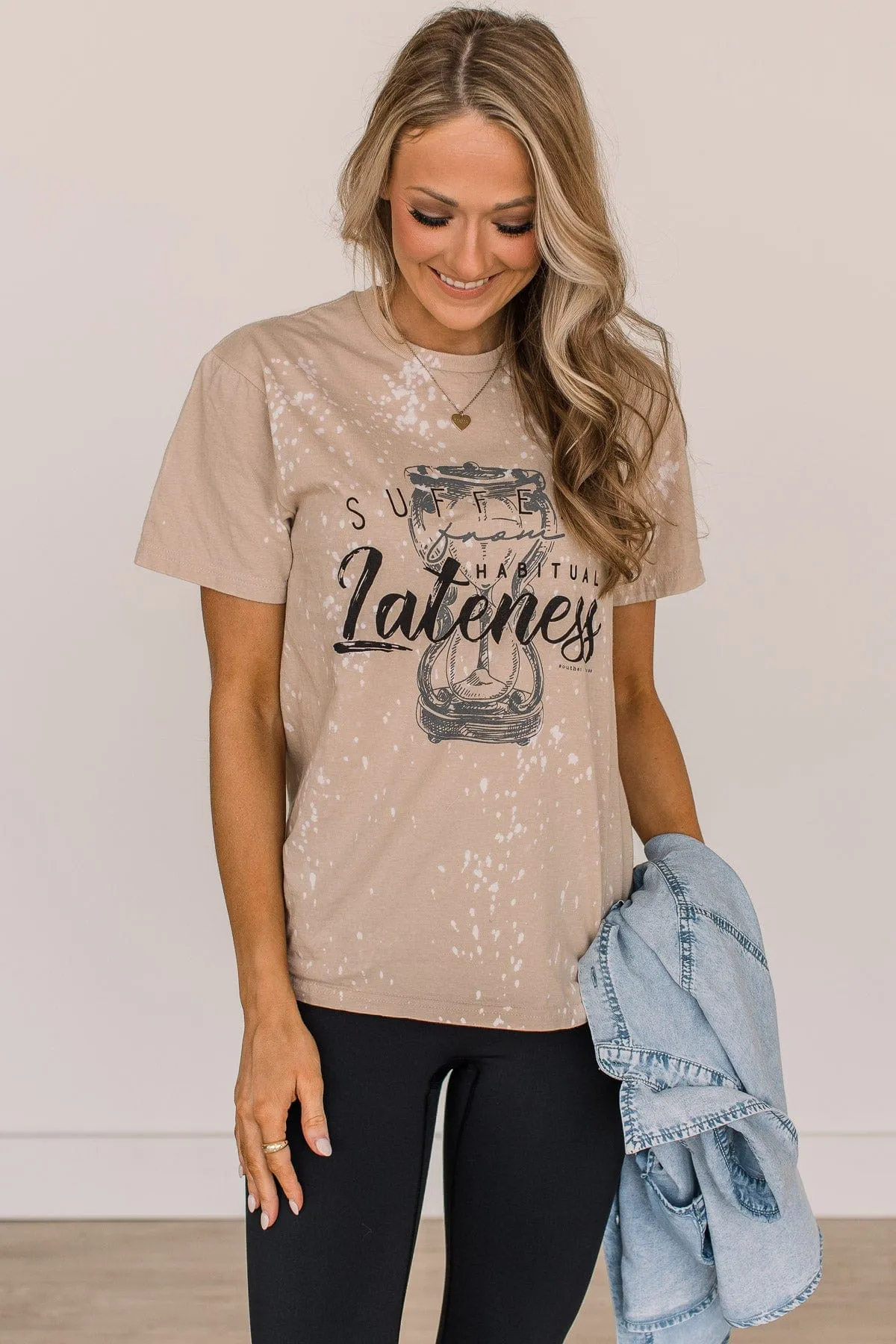 "Suffers From Habitual Lateness" Graphic Tee- Light Taupe