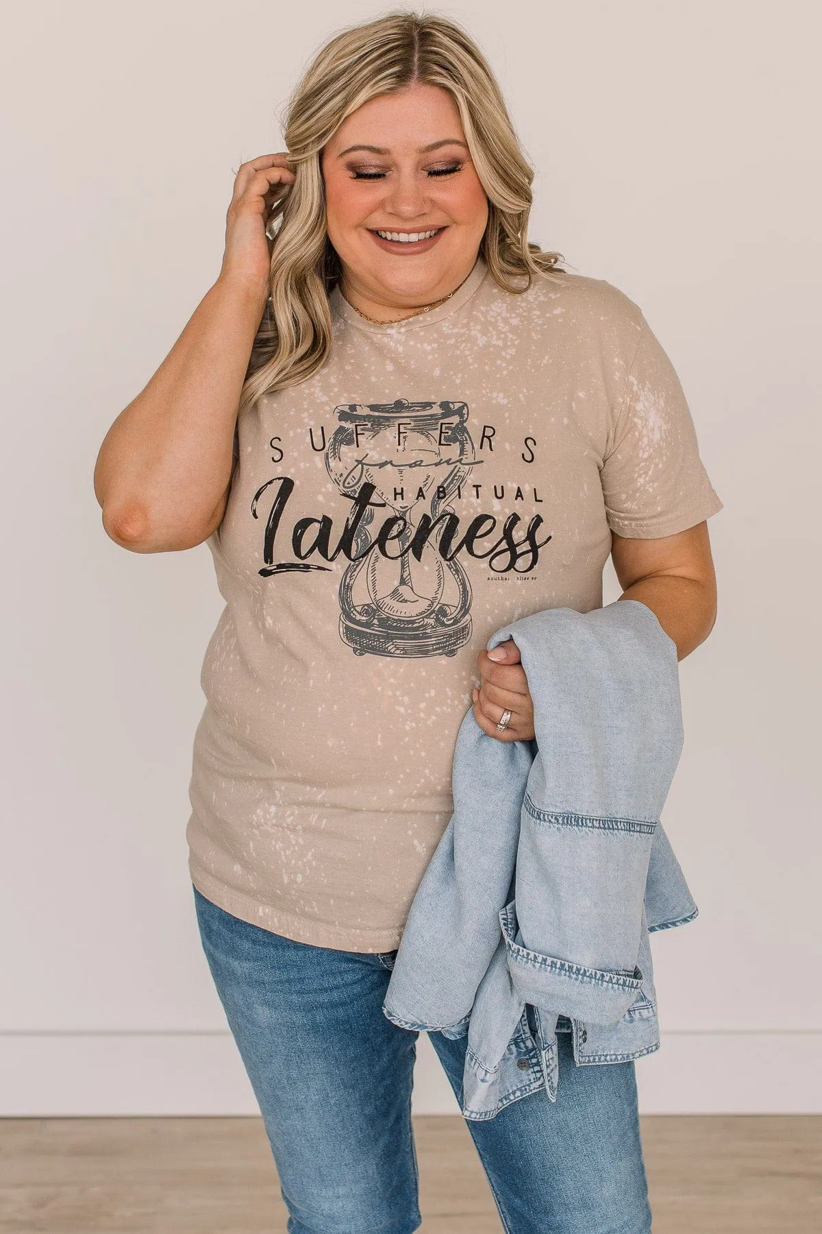 "Suffers From Habitual Lateness" Graphic Tee- Light Taupe