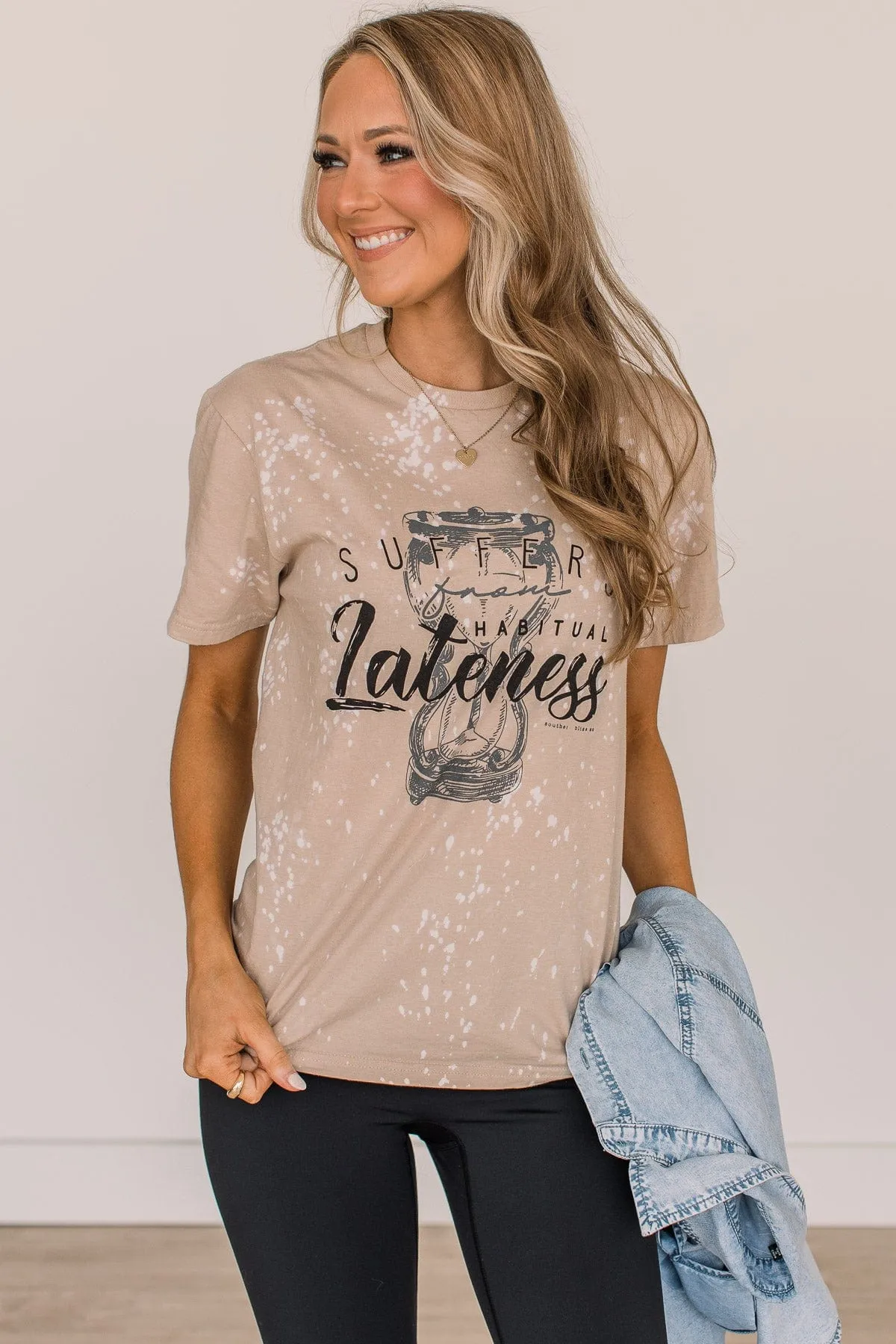 "Suffers From Habitual Lateness" Graphic Tee- Light Taupe