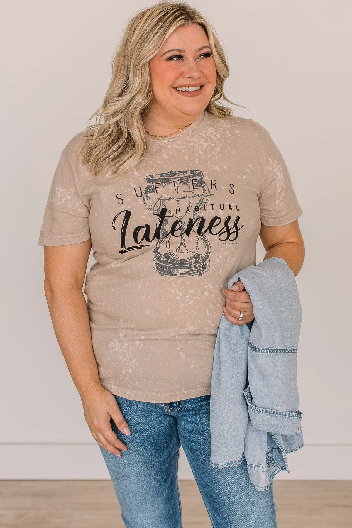 "Suffers From Habitual Lateness" Graphic Tee- Light Taupe