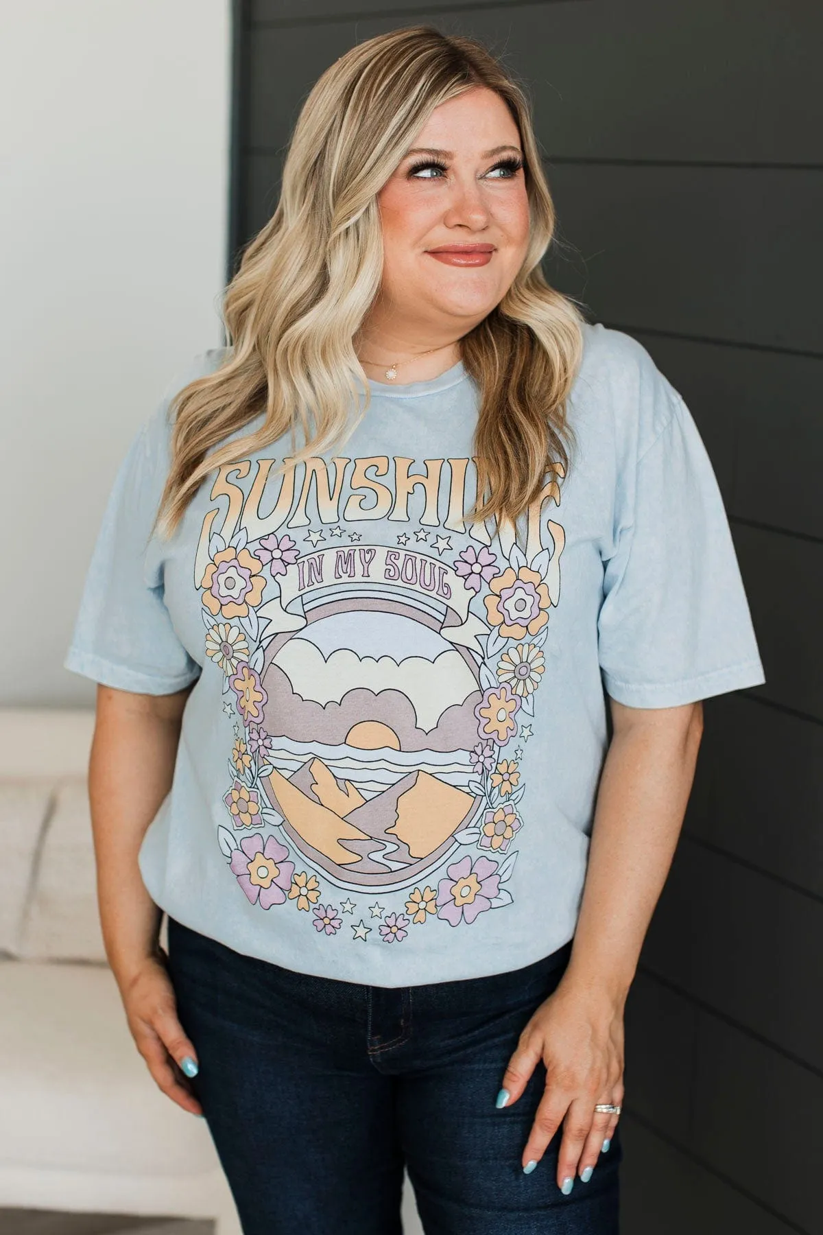 "Sunshine In My Soul" Graphic Tee- Light Blue