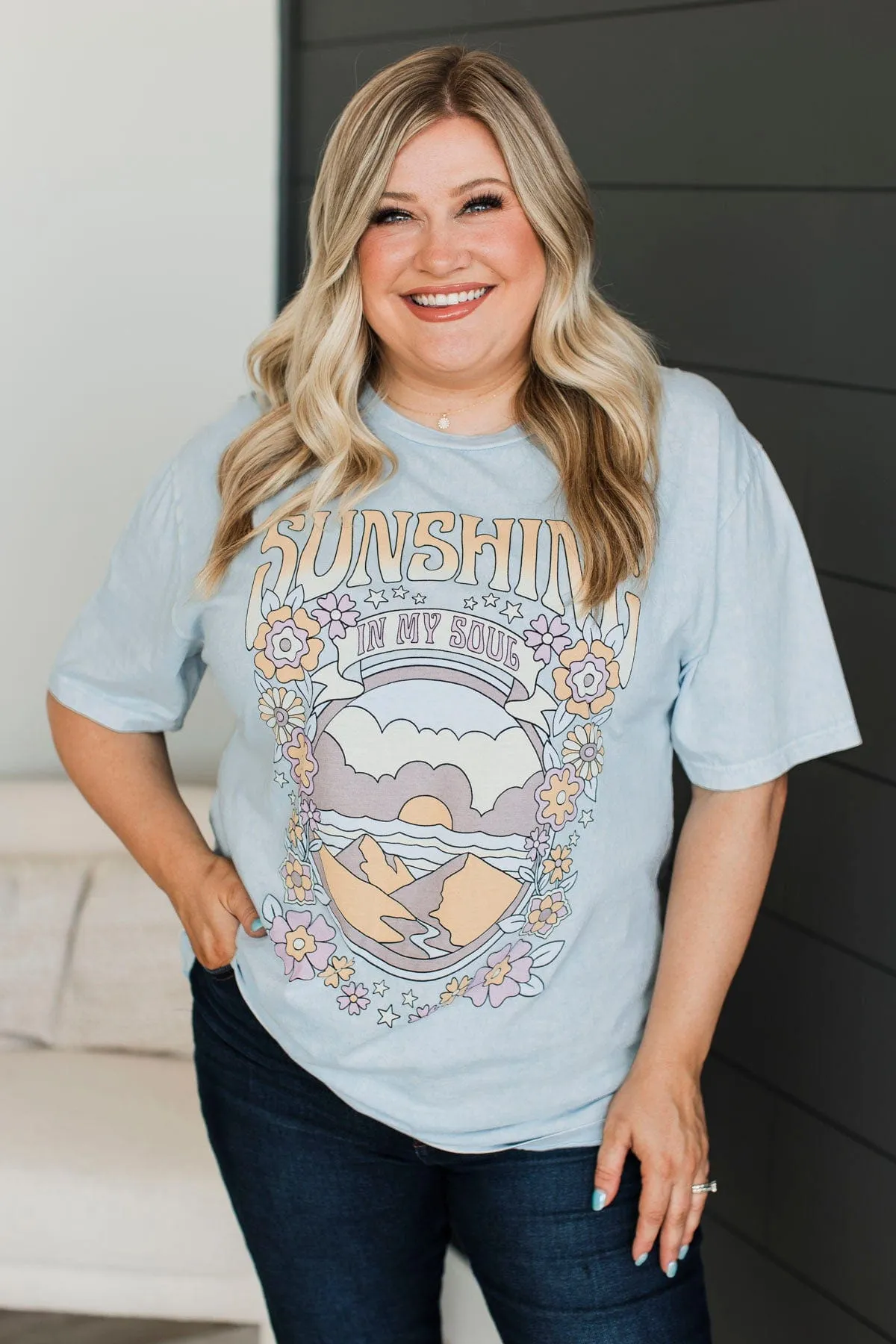 "Sunshine In My Soul" Graphic Tee- Light Blue