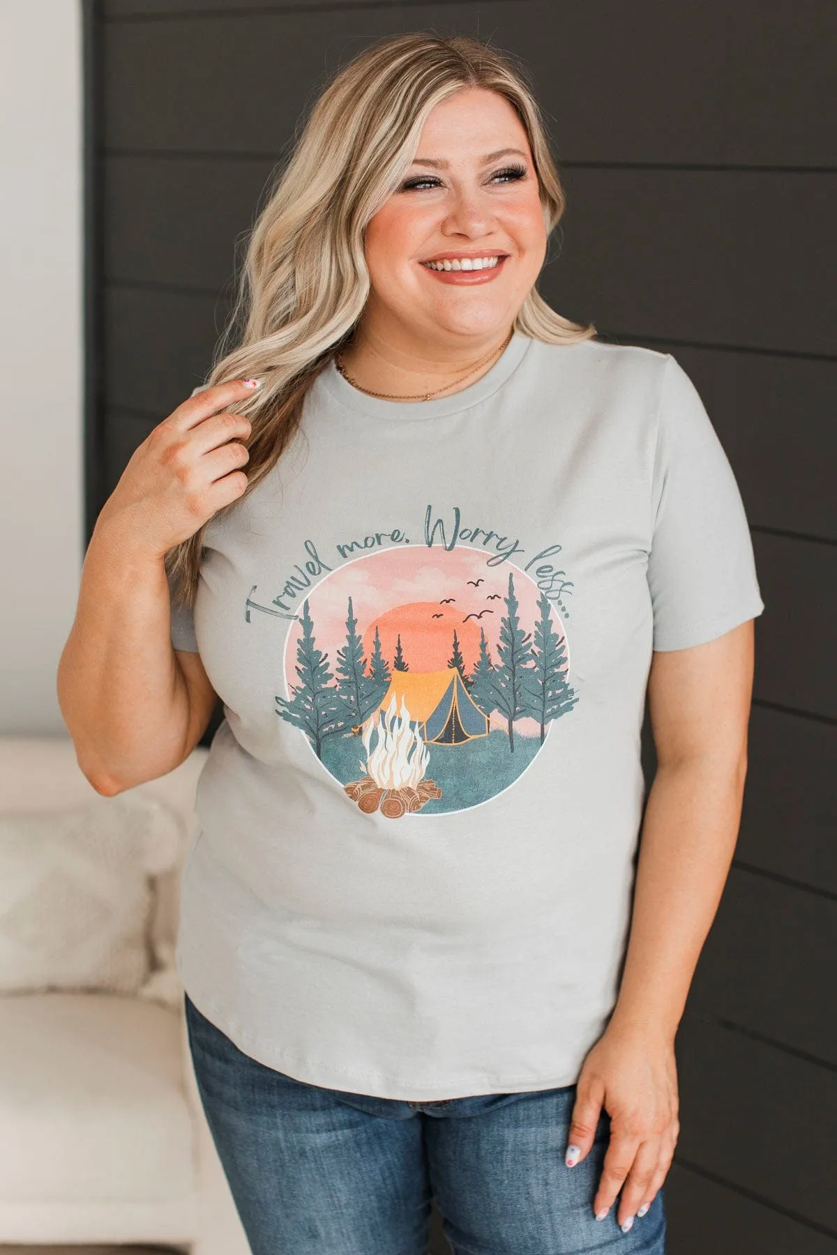 "Travel More, Worry Less" Graphic Tee- Grey