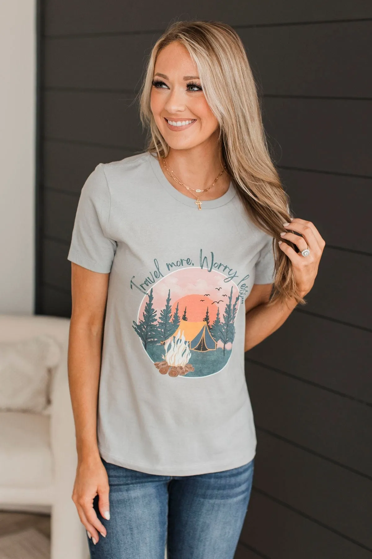 "Travel More, Worry Less" Graphic Tee- Grey