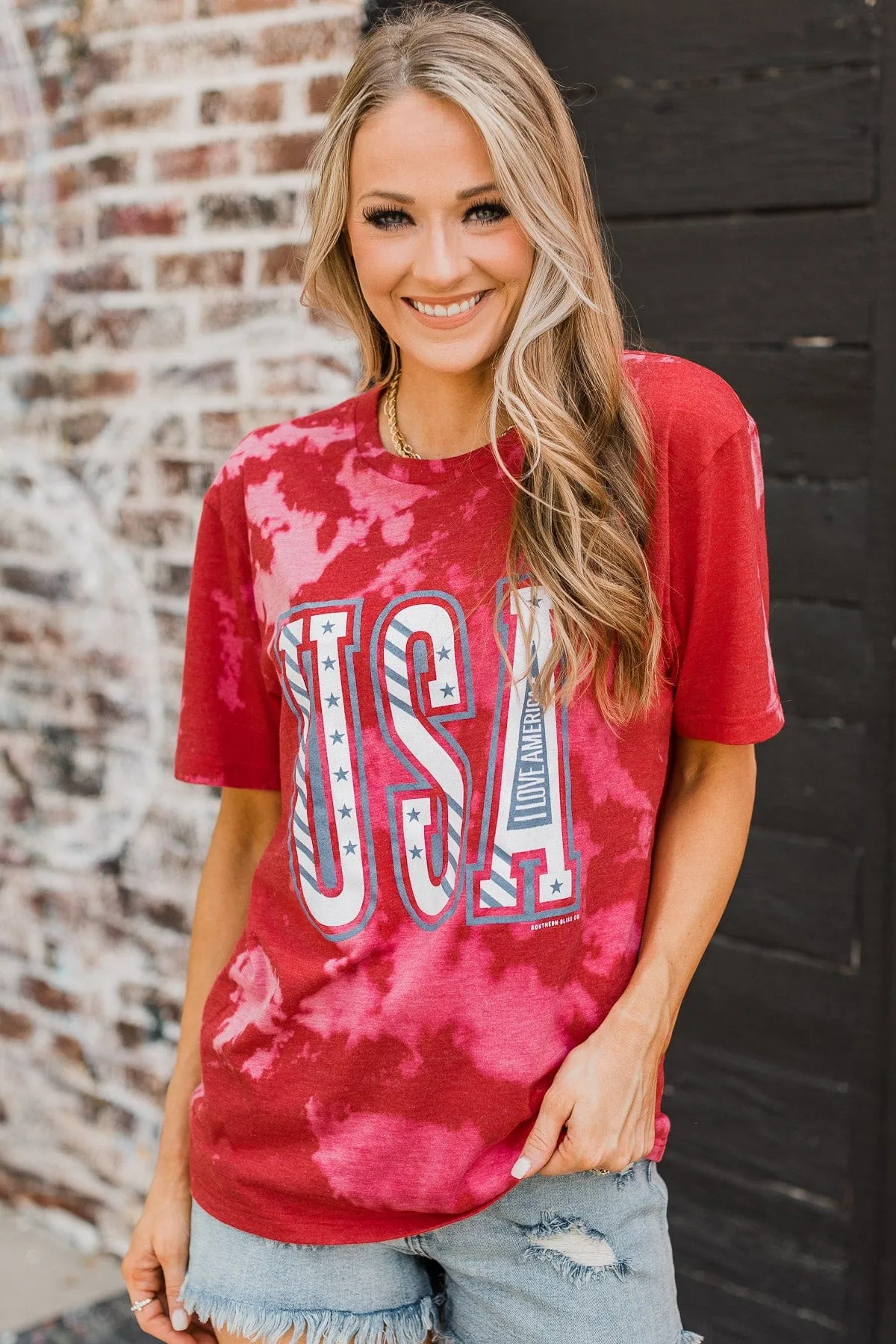 "USA" Bleached Graphic Tee- Red