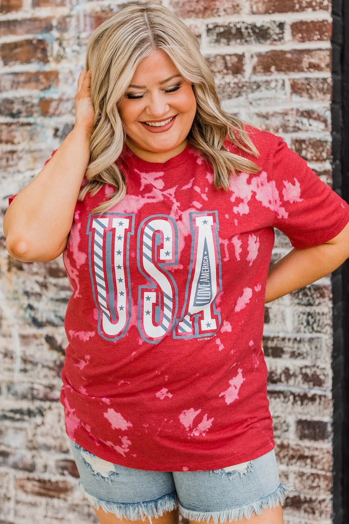 "USA" Bleached Graphic Tee- Red