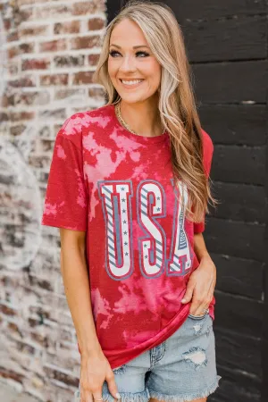 "USA" Bleached Graphic Tee- Red