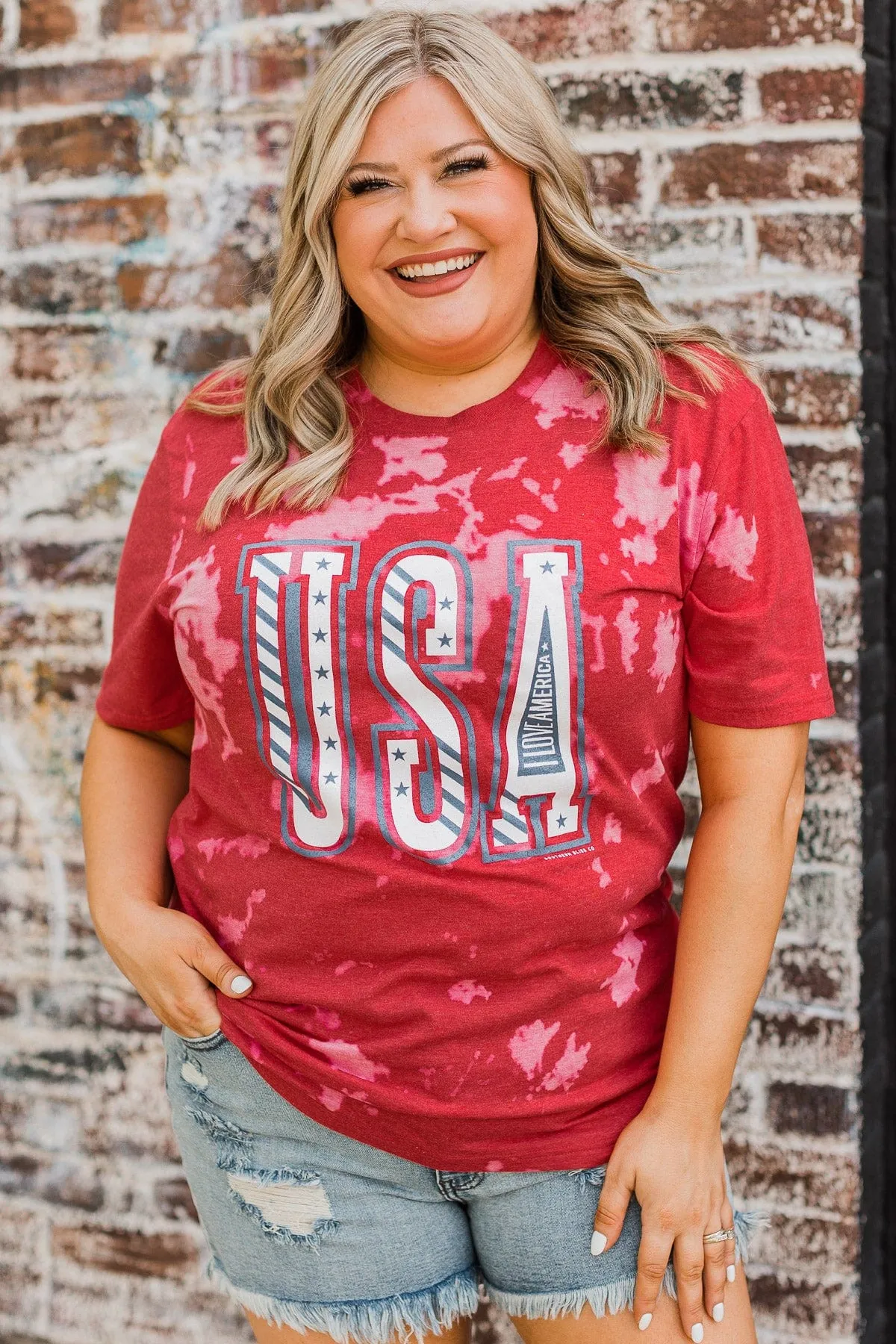 "USA" Bleached Graphic Tee- Red
