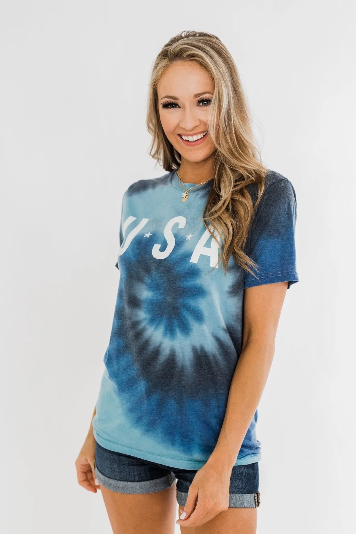 "USA" Tie Dye Burnout Graphic Tee- Shades of Blue