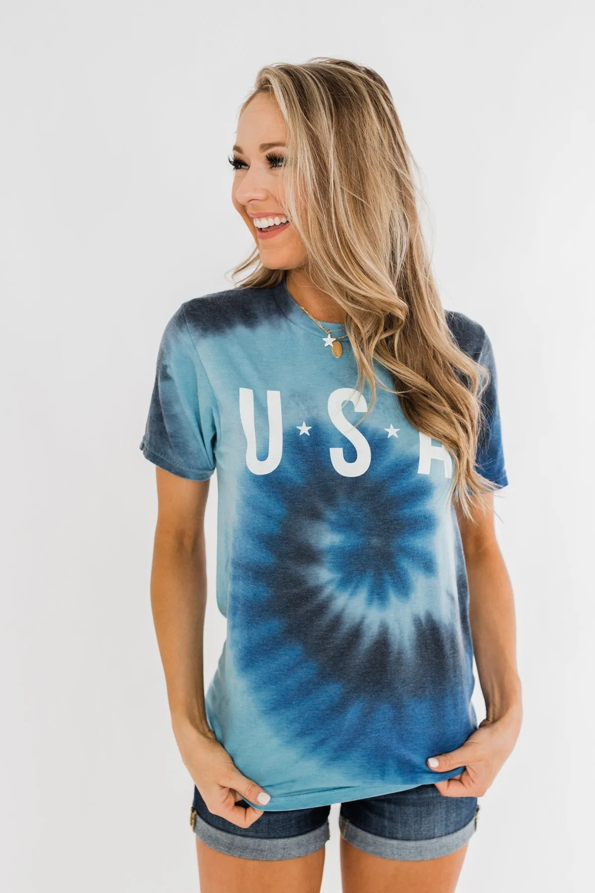 "USA" Tie Dye Burnout Graphic Tee- Shades of Blue