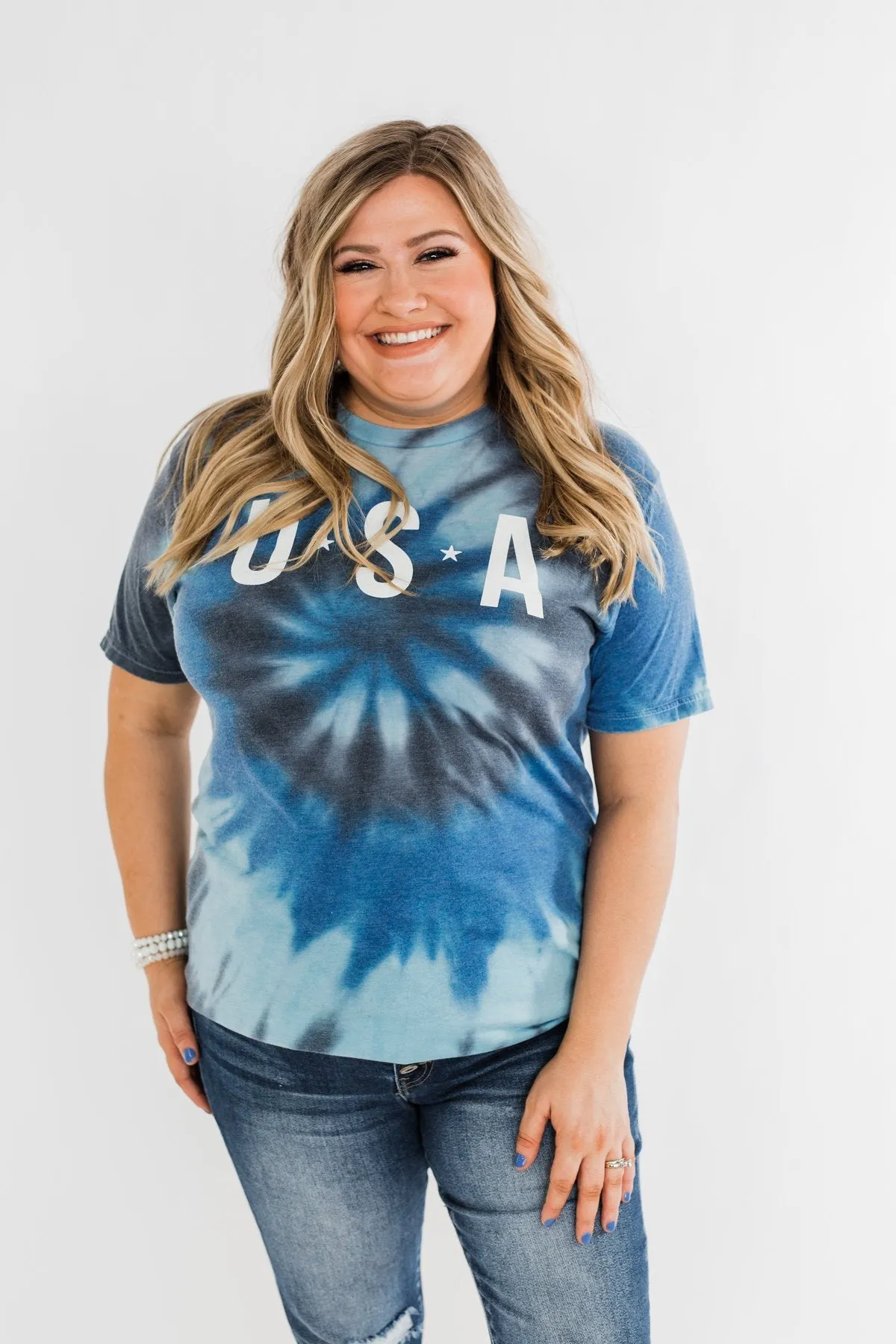 "USA" Tie Dye Burnout Graphic Tee- Shades of Blue