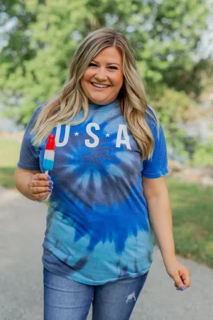 "USA" Tie Dye Burnout Graphic Tee- Shades of Blue