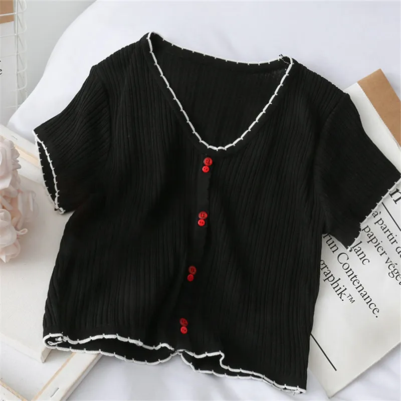 "V-NECK SINGLE-BREASTED KNITTED" TEE D073001