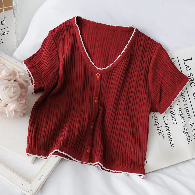 "V-NECK SINGLE-BREASTED KNITTED" TEE D073001