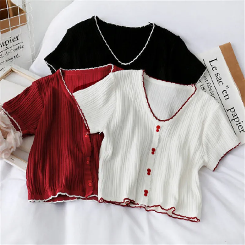 "V-NECK SINGLE-BREASTED KNITTED" TEE D073001
