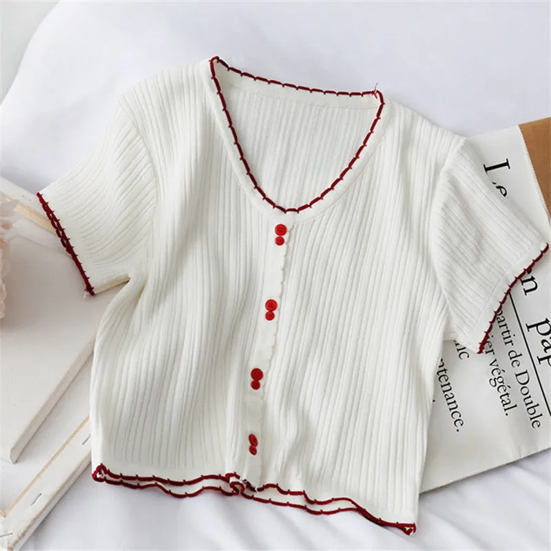 "V-NECK SINGLE-BREASTED KNITTED" TEE D073001