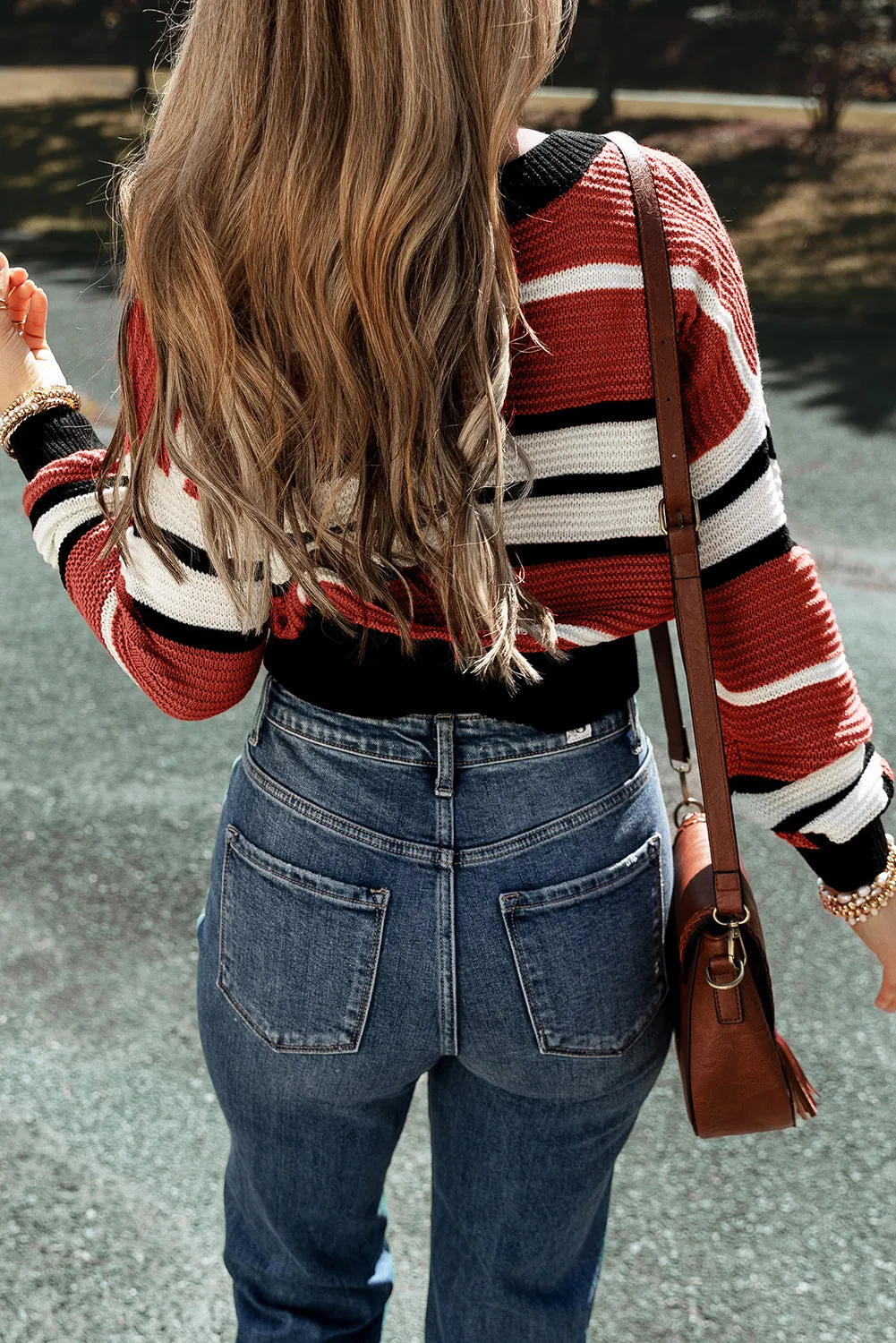 Racing Red Colorblock V Neck Textured Knit Sweater