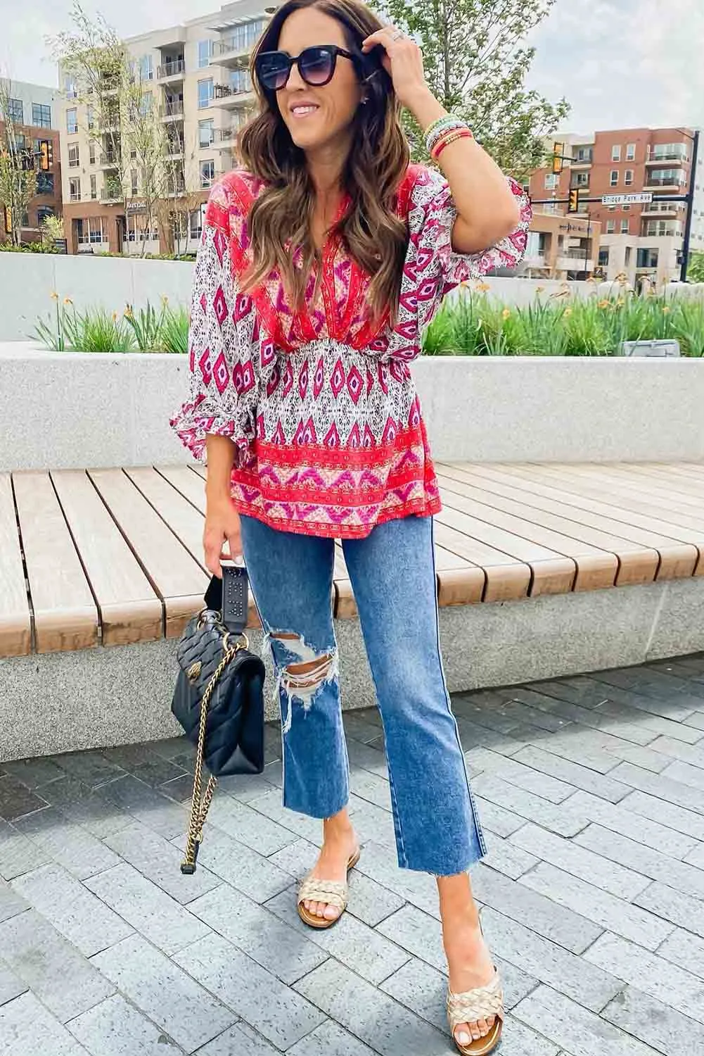 Red Geometric Print 3/4 Sleeve V-Neck Shirred Waist Flared Blouse