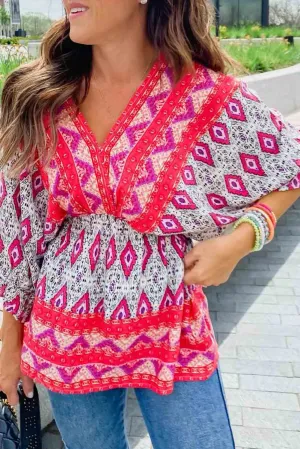 Red Geometric Print 3/4 Sleeve V-Neck Shirred Waist Flared Blouse