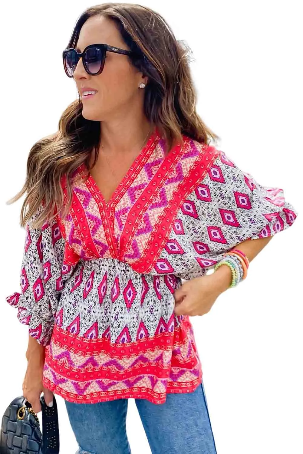 Red Geometric Print 3/4 Sleeve V-Neck Shirred Waist Flared Blouse