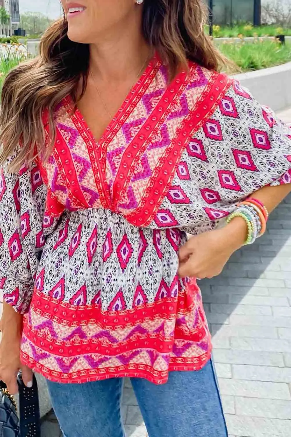 Red Geometric Print 3/4 Sleeve V-Neck Shirred Waist Flared Blouse