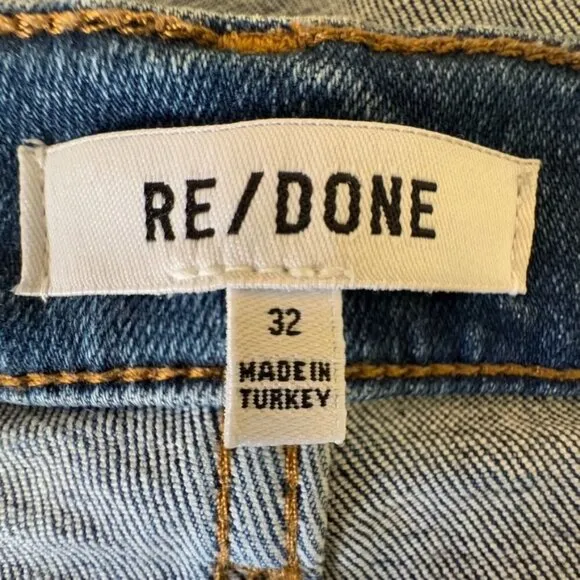 Re/done High Rise Straight Leg Raw Hem Crop Stretch Blue Denim Jeans Size 32